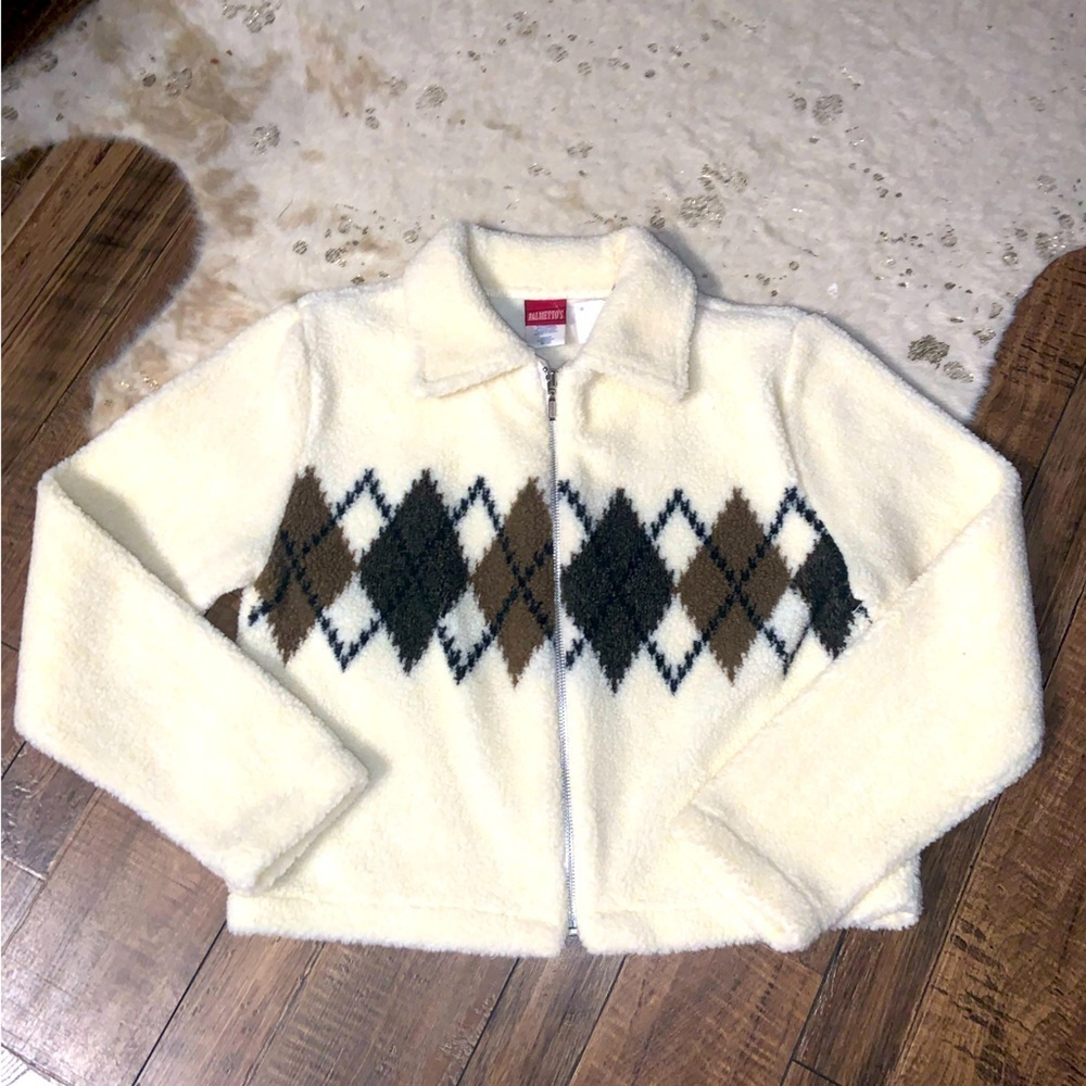 Vtg argyle fuzzy cropped cream jacket 90s zip sweater  Y2K M fall casual cozy